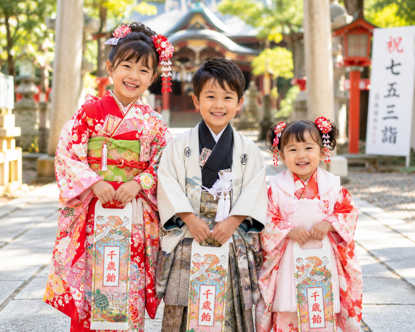 七五三を迎えた三人の子どもたち